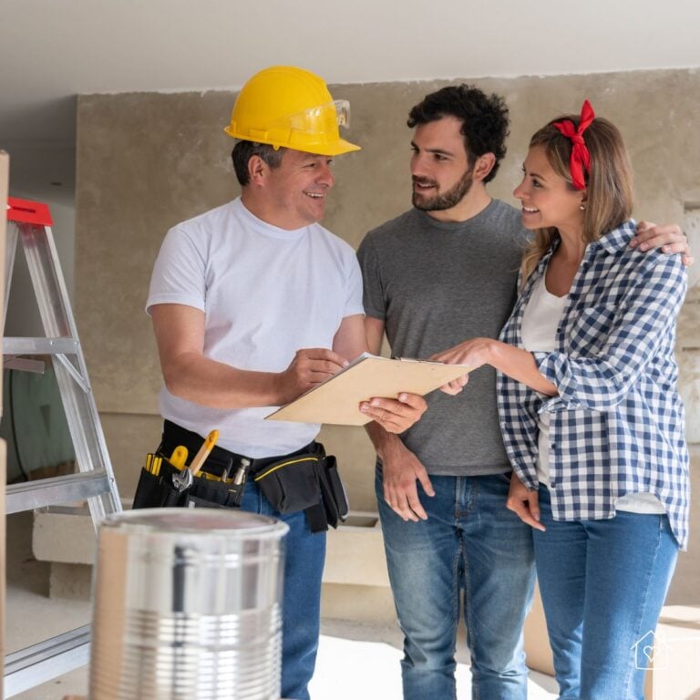Smiling licensed contractor in a yellow hard hat discussing renovation plans with a happy couple in their home. The couple looks pleased as they review documents, standing in a partially renovated space with tools and paint cans nearby.