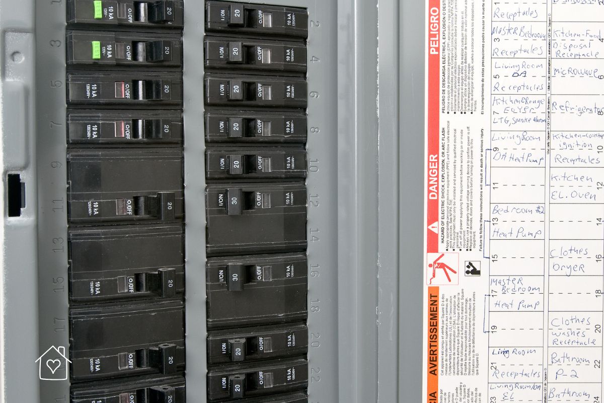 Home Electric Circuit Box – A detailed view of a home electrical panel with labeled circuit breakers, showing an organized and properly maintained power distribution system.