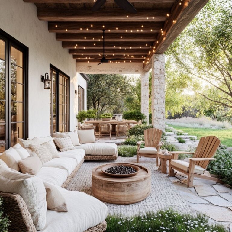 Cozy covered patio of a modern barndominium with a neutral-toned outdoor sectional, wooden fire pit, Adirondack chairs, and string lights overhead, surrounded by lush greenery and natural stone paths.