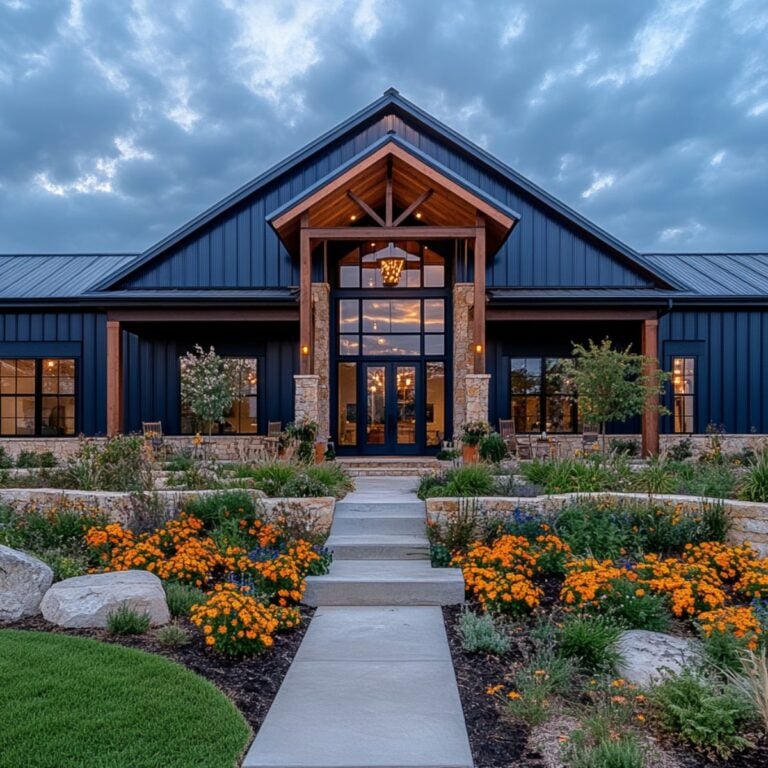 Front view of a stylish dark-paneled barndominium featuring stone accents, wood beams, large windows, and a manicured garden with vibrant orange flowers leading up to the entryway.