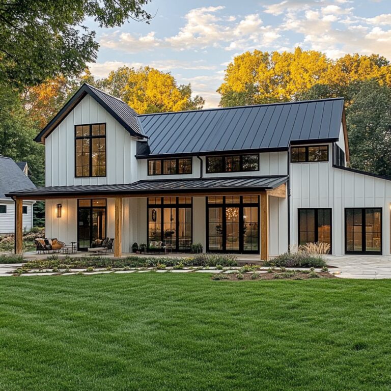 Contemporary two-story barndominium with a white and black exterior, standing seam metal roof, expansive front windows, and a large, well-kept lawn bordered by stepping stones and minimal landscaping.
