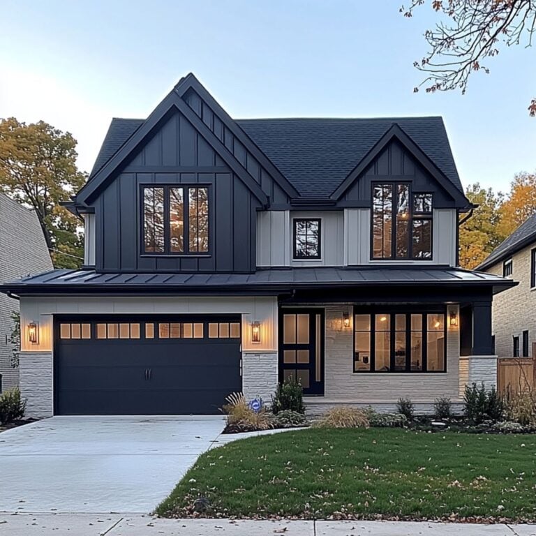 A modern two-story home with energy-efficient windows and doors, featuring a sleek black and white exterior, large glass panels, and warm outdoor lighting. The well-insulated windows and stylish front door enhance both aesthetics and energy efficiency.