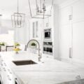 A stunning, all-white kitchen with a large marble island, stainless steel appliances, and elegant pendant lighting, showcasing a pristine and clutter-free space.