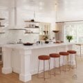 Beautiful Modern kitchen with a large white island and backless metal stools