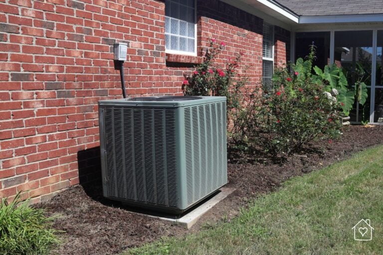 A central air conditioning unit outside a brick home, playing a crucial role in maintaining indoor climate control during hot and cold months.