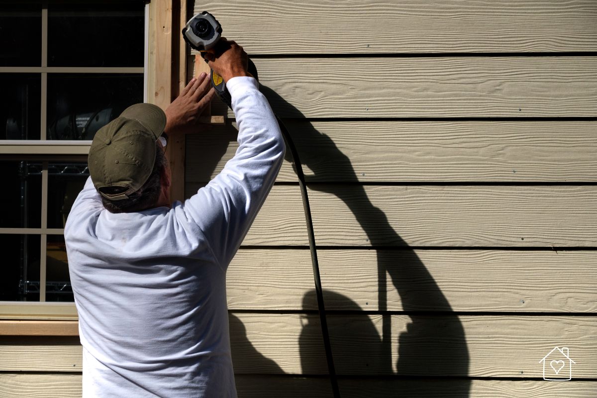 A worker wearing a cap and white long-sleeve shirt uses a power tool to secure vinyl siding panels onto a house, carefully aligning the material for a professional installation.
