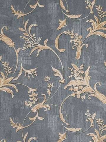 A close-up of a luxurious grey wallpaper with golden floral and vine-like patterns. The intricate design and subtle metallic accents create an elegant and timeless look, perfect for classic or modern interiors.