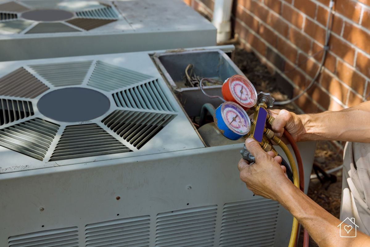 A technician using a manifold gauge set to check refrigerant levels in an outdoor AC unit as part of routine maintenance.