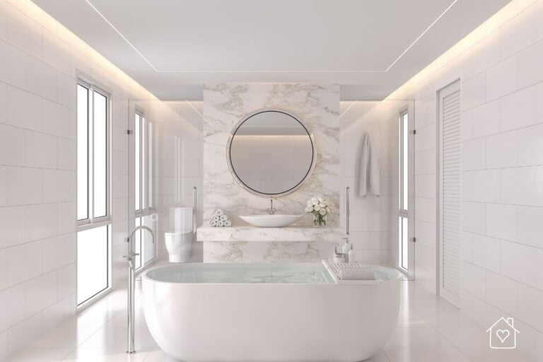 Elegant white bathroom with marble accents, a modern freestanding bathtub, and a round illuminated mirror reflecting smart plumbing upgrades.