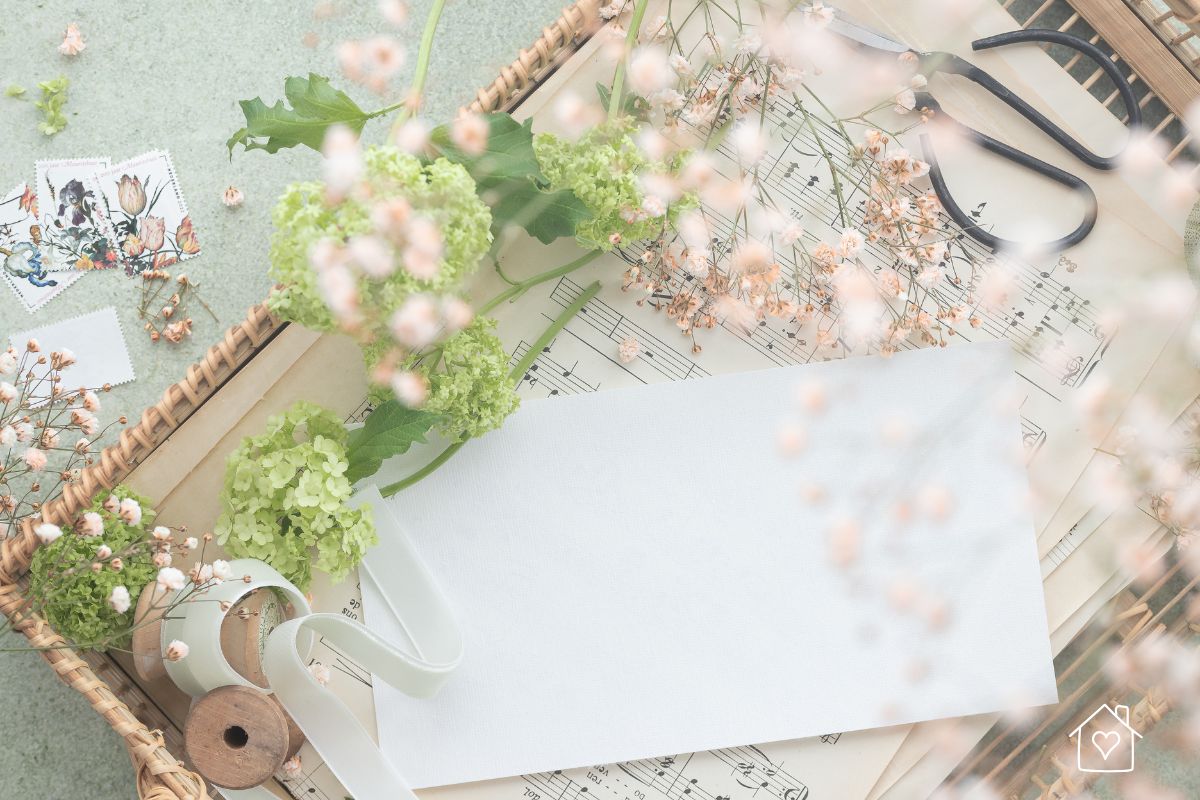 Whimsical wedding invitation scene with flowers, vintage ribbon, music sheets, and scissors—great for nature-inspired weddings on a budget.