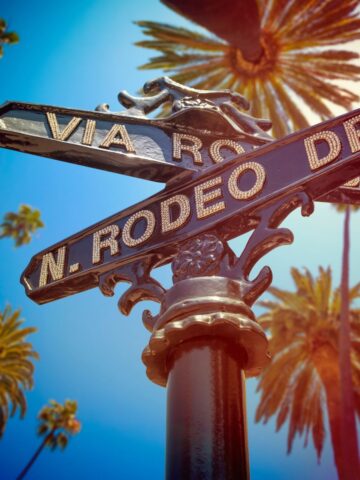 Close-up of the ornate Via Rodeo and N. Rodeo Drive street sign surrounded by palm trees—great for sightseeing with older kids and teens.