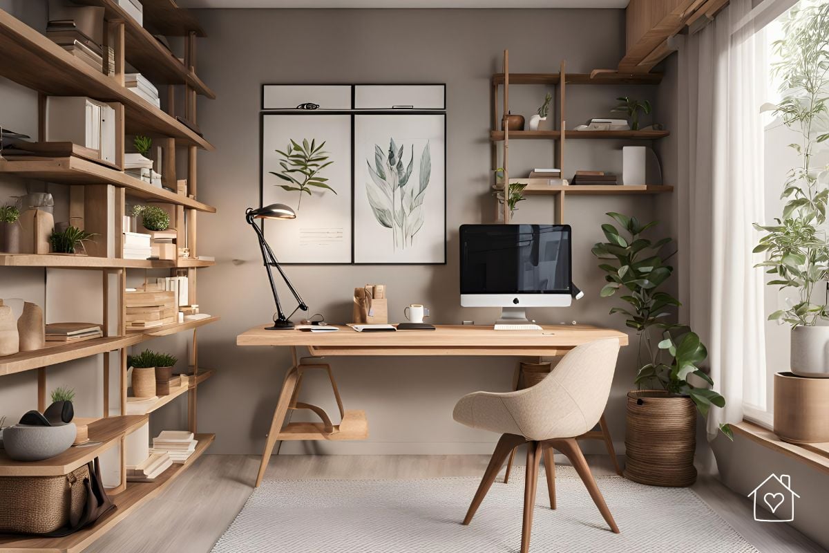 A minimalist home office featuring wood shelves with natural storage containers and décor for organized productivity.