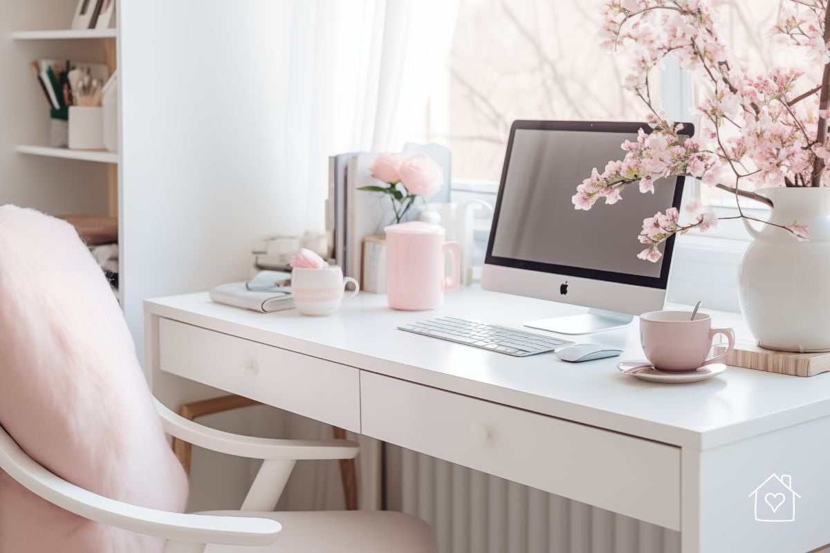 White and pink home office setup featuring floral accents and hidden storage containers for a clutter-free look.