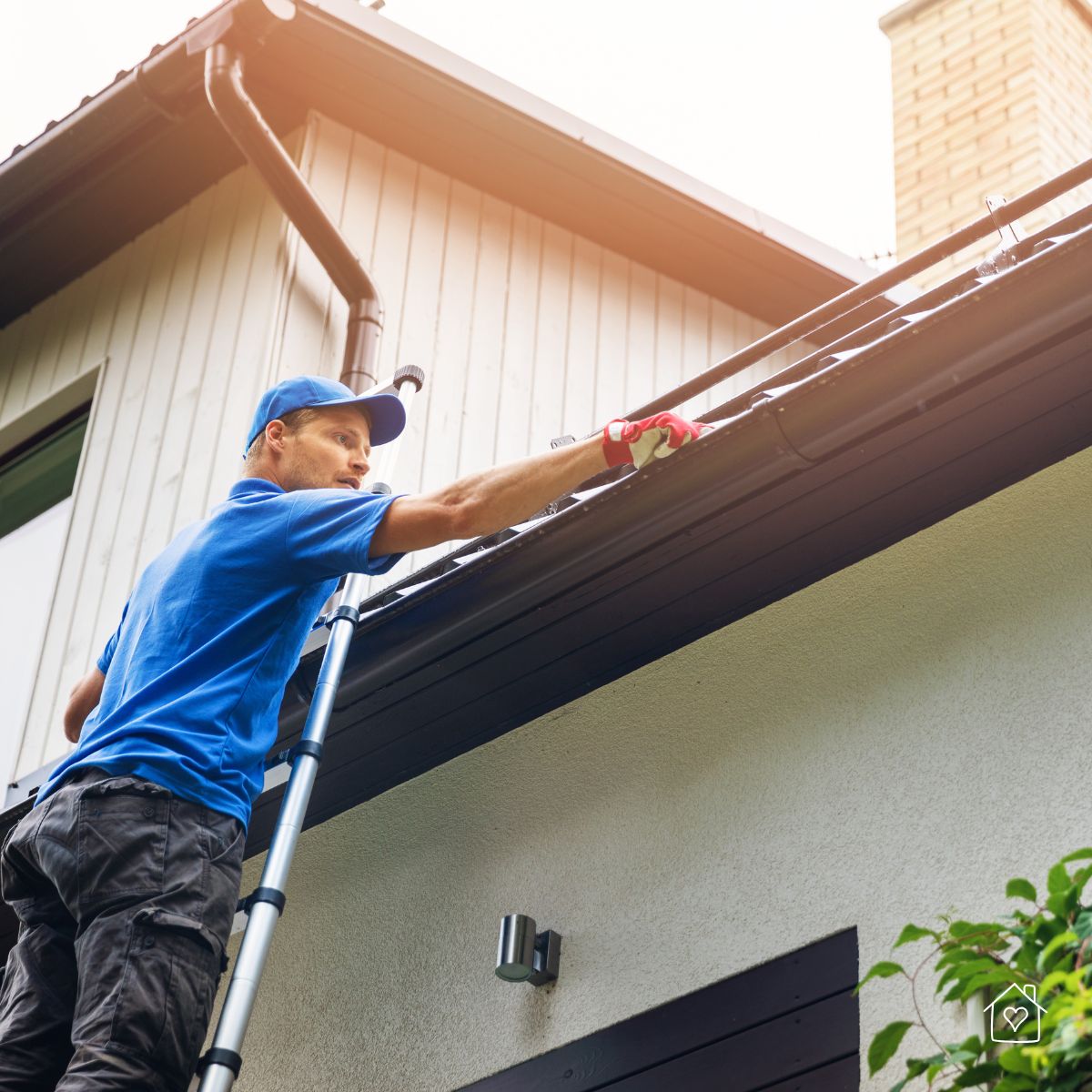 A professional in a blue uniform stands on a ladder cleaning the rain gutters of a modern house under bright daylight.