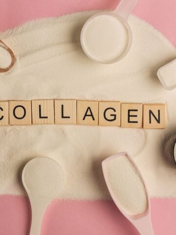 Assorted measuring scoops with collagen powder and wooden tiles spelling the word "Collagen," symbolizing collagen supplements for skin health.