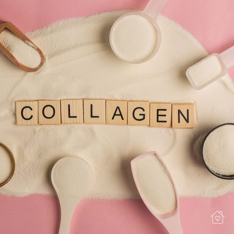 Assorted measuring scoops with collagen powder and wooden tiles spelling the word "Collagen," symbolizing collagen supplements for skin health.