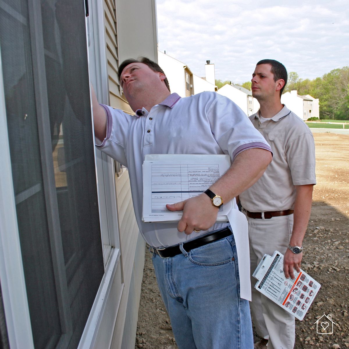 Two inspectors examining a home's exterior for weather-related damage and maintenance needs.