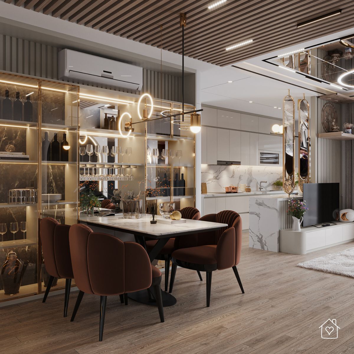 A luxurious dining space featuring velvet dining chairs, a marble table, glass cabinetry, and artistic lighting for a dramatic yet livable look.