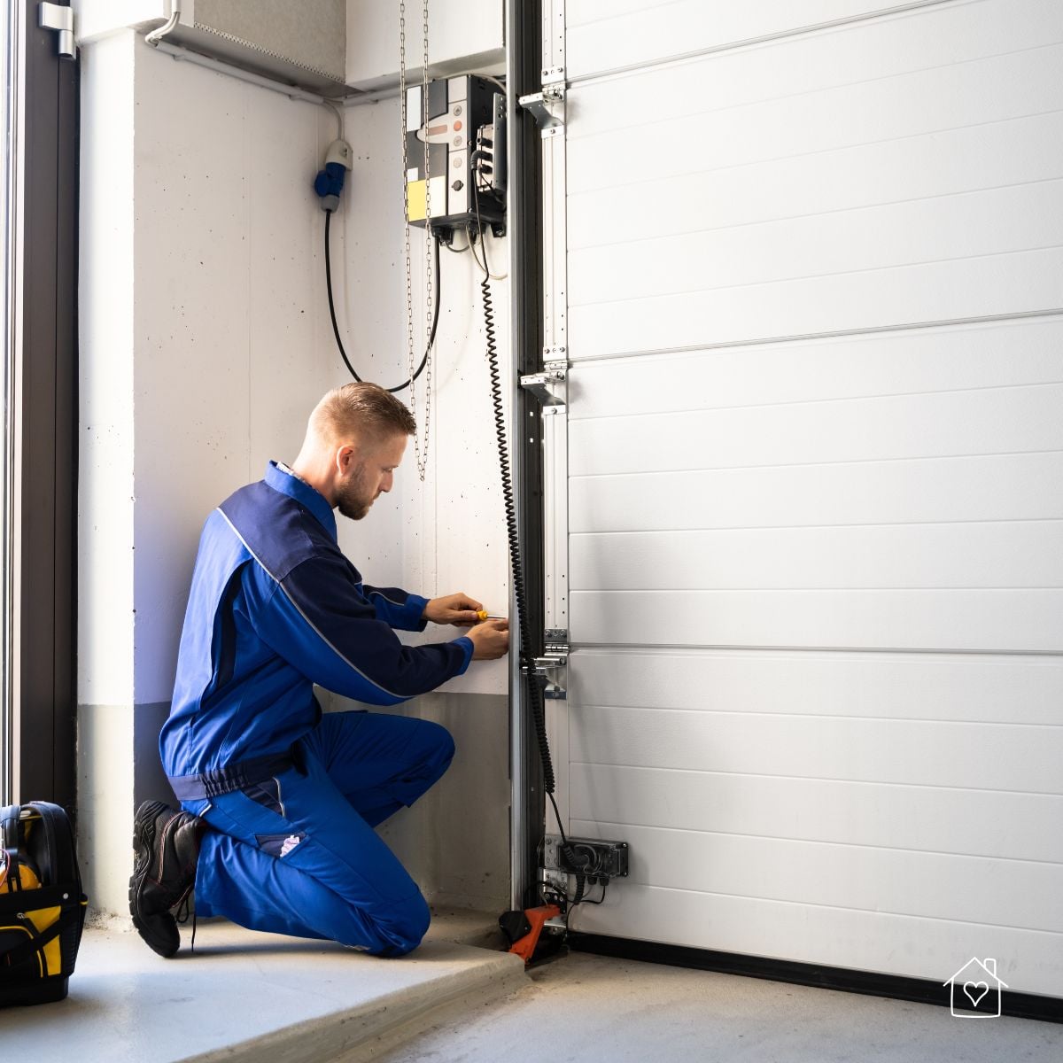 Technician working on the control mechanism of a garage door, addressing an urgent malfunction.