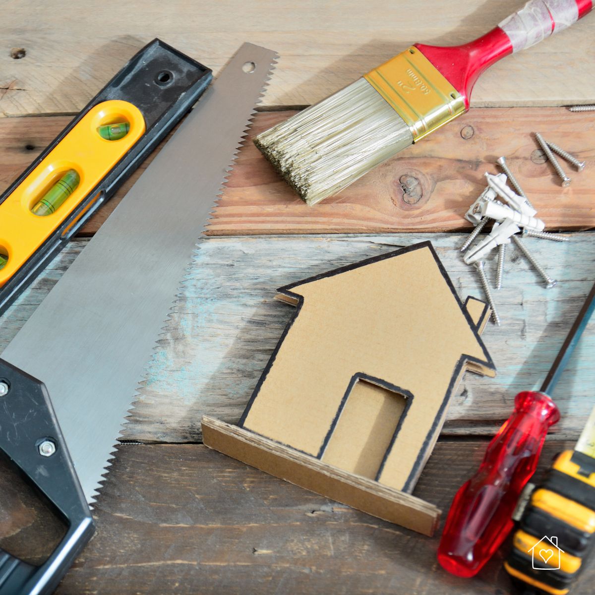 Assortment of home repair tools, nails, and a cardboard cutout of a house representing emergency maintenance planning.