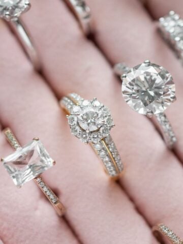 Beautiful diamond rings in a jeweler's pink velvet display box