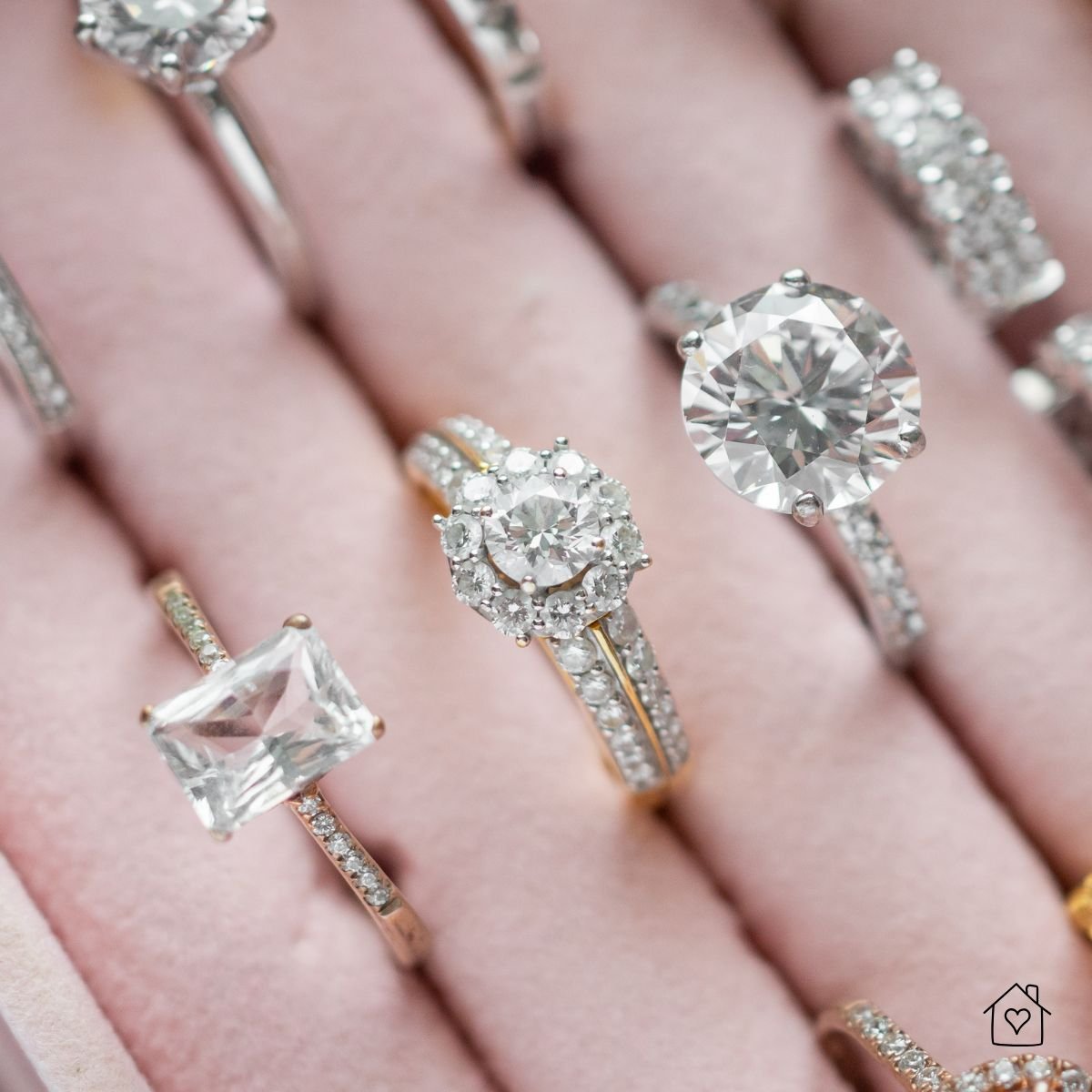 Beautiful diamond rings in a jeweler's pink velvet display box