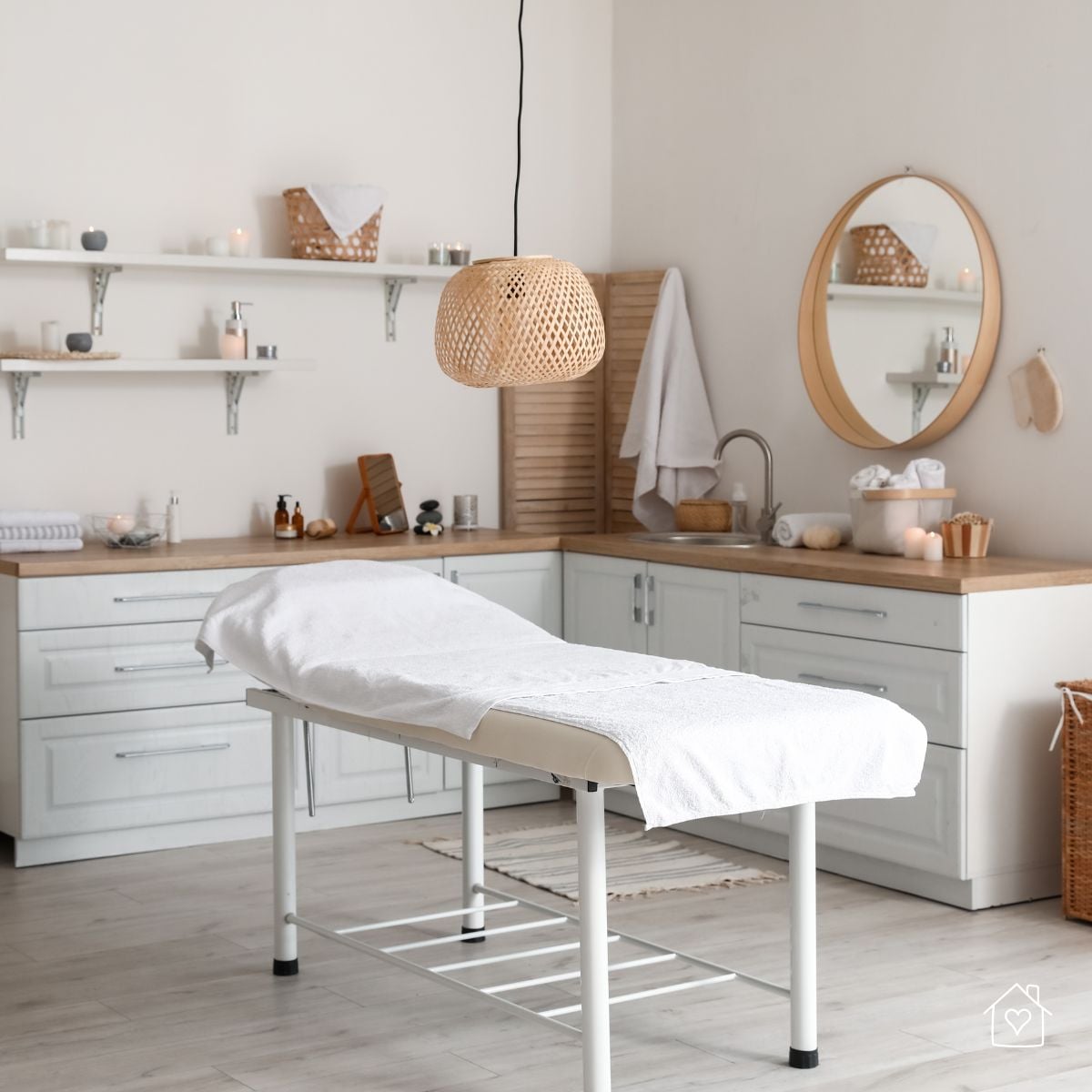 Light-filled home salon corner featuring a white massage table, wooden countertops, and modern wicker pendant light.