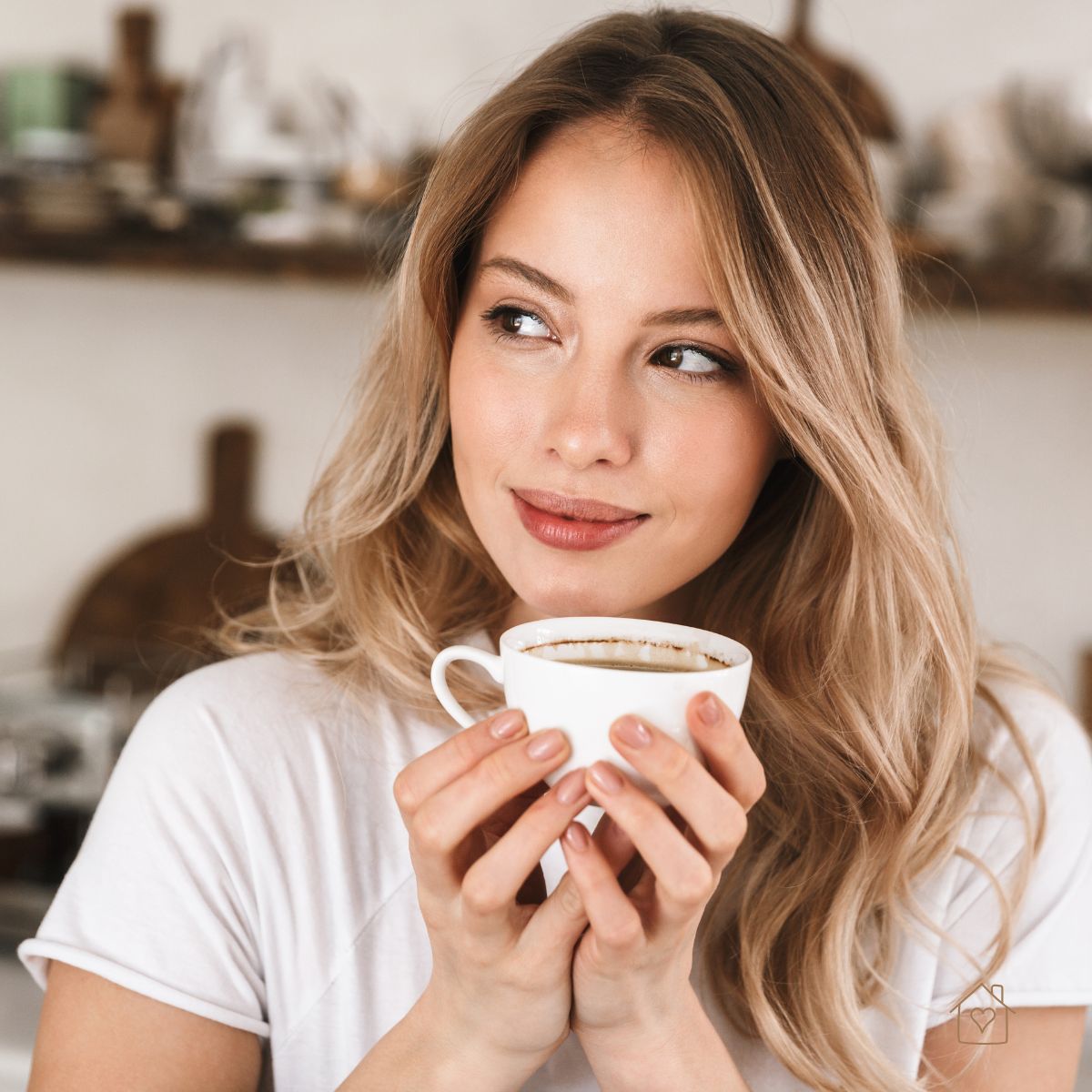 Smiling woman holding a warm cup of coffee, enjoying a peaceful morning moment.