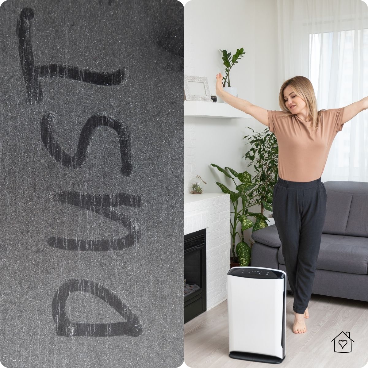 Dust-covered surface with the word &lsquo;dust&rsquo; written on it, alongside a woman enjoying fresh air near an air purifier.