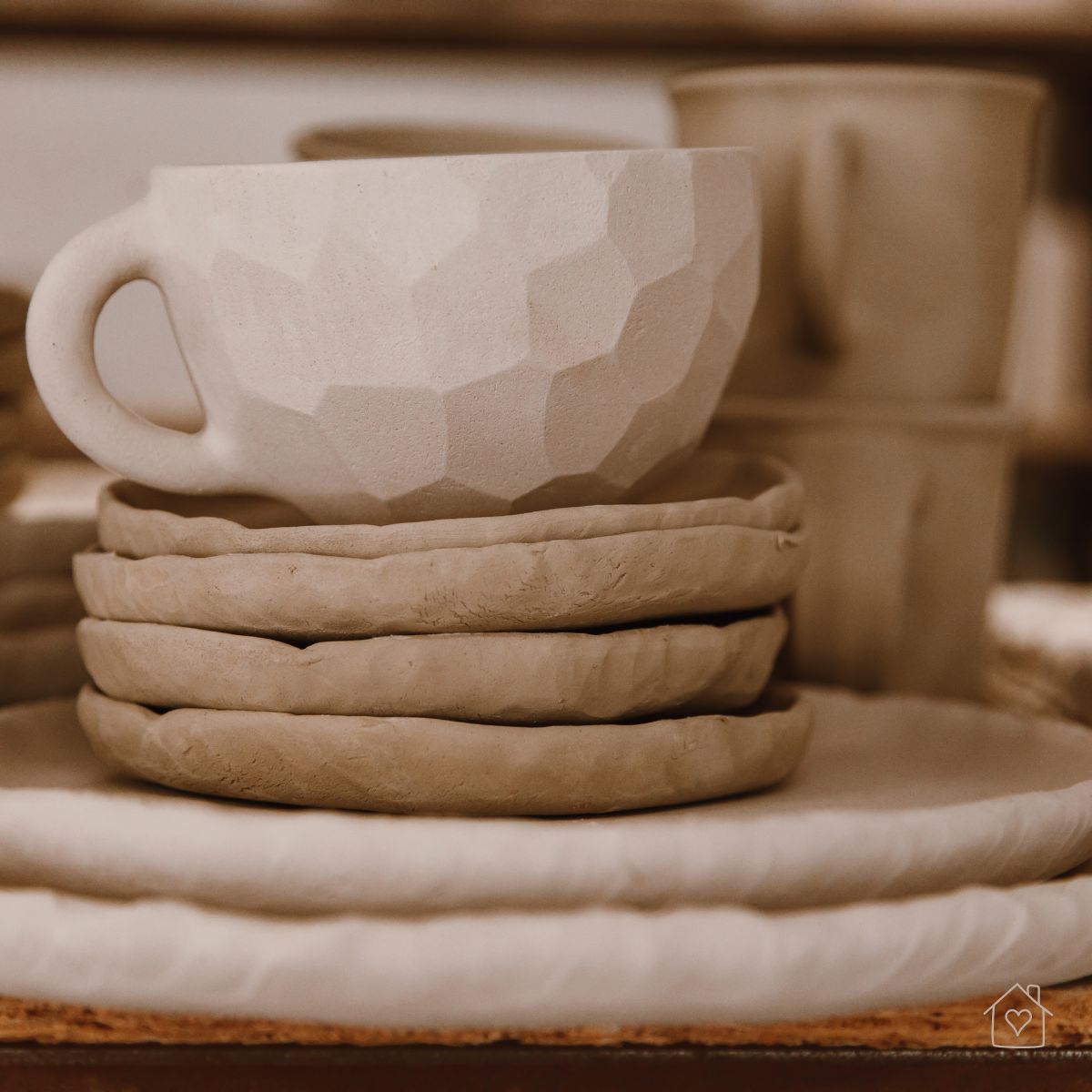 Close-up of handcrafted ceramic mugs and plates, reflecting Australia&rsquo;s sustainable and personalized interior design trend.