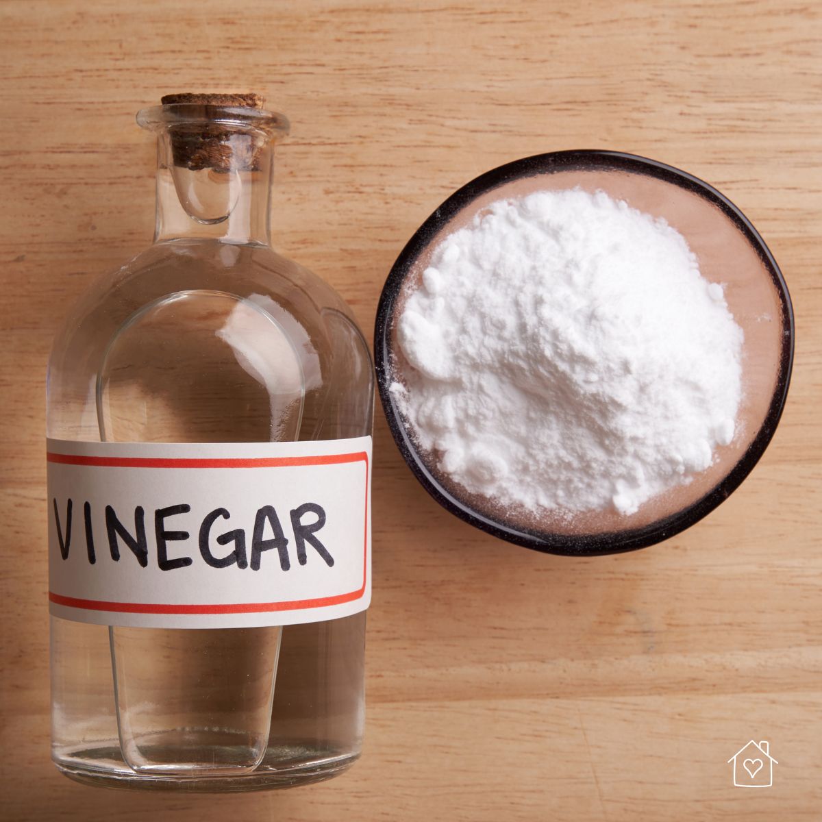 A bottle of white vinegar next to a small bowl of baking soda&mdash;two pantry staples used for removing carpet stains.