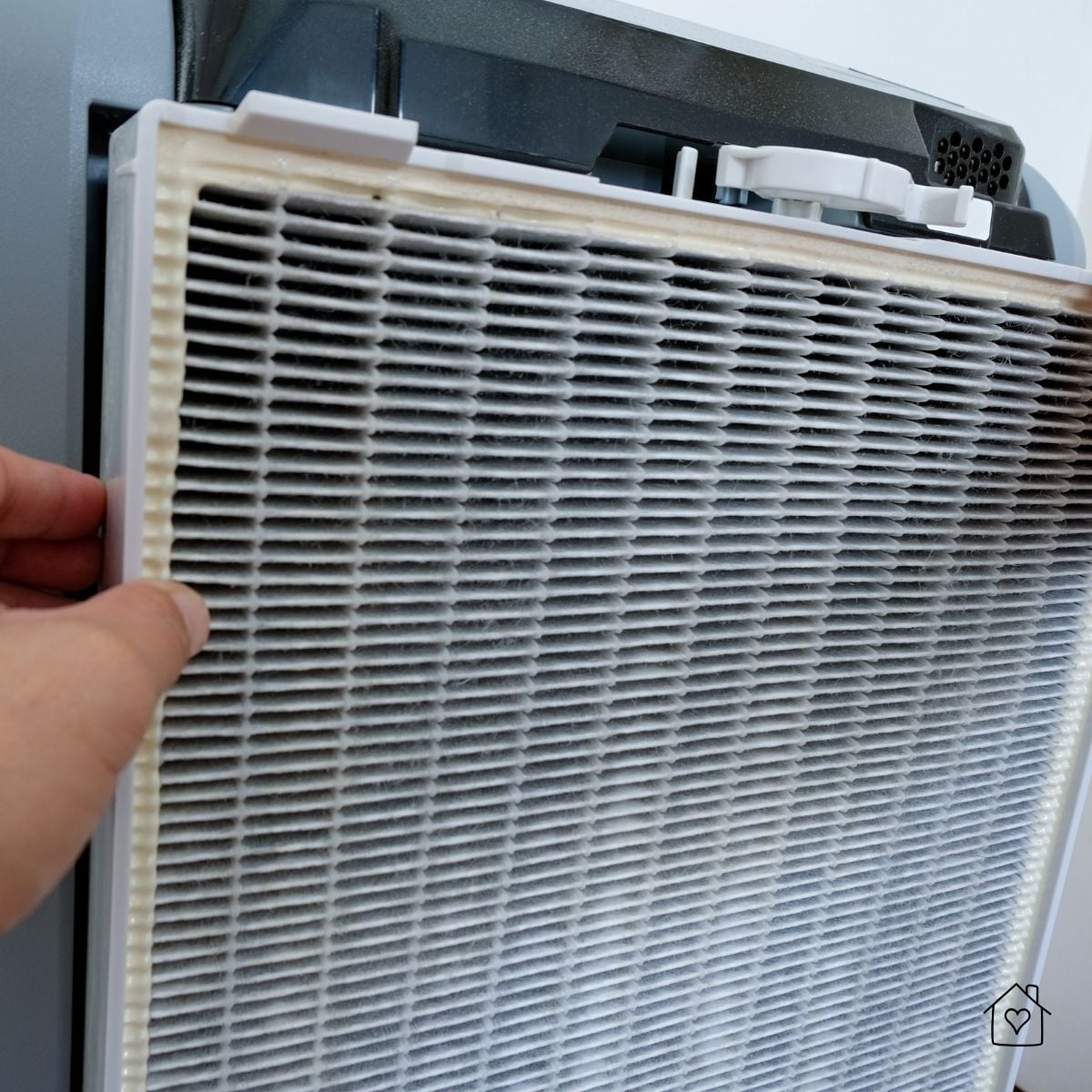 Close-up of a hand removing a dirty air purifier filter filled with dust and particles.