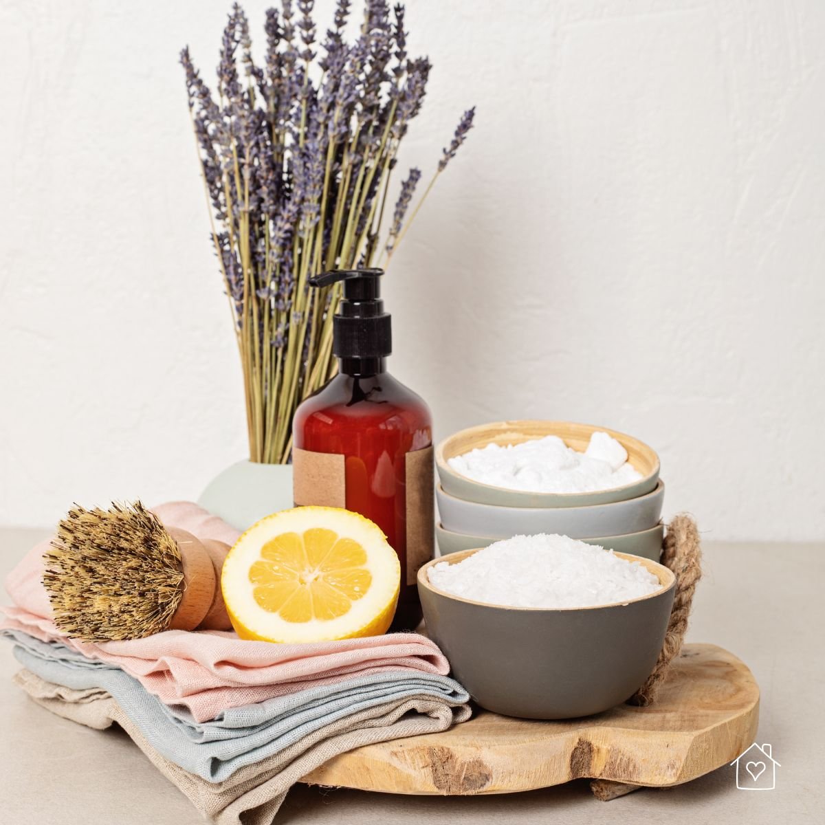 A natural cleaning kit including lemon, baking soda, salt, a brush, and cloths arranged with lavender on a wooden board.