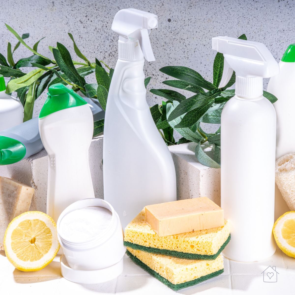 White cleaning bottles, natural sponges, and sliced lemon set against greenery&mdash;perfect for natural carpet stain removal.