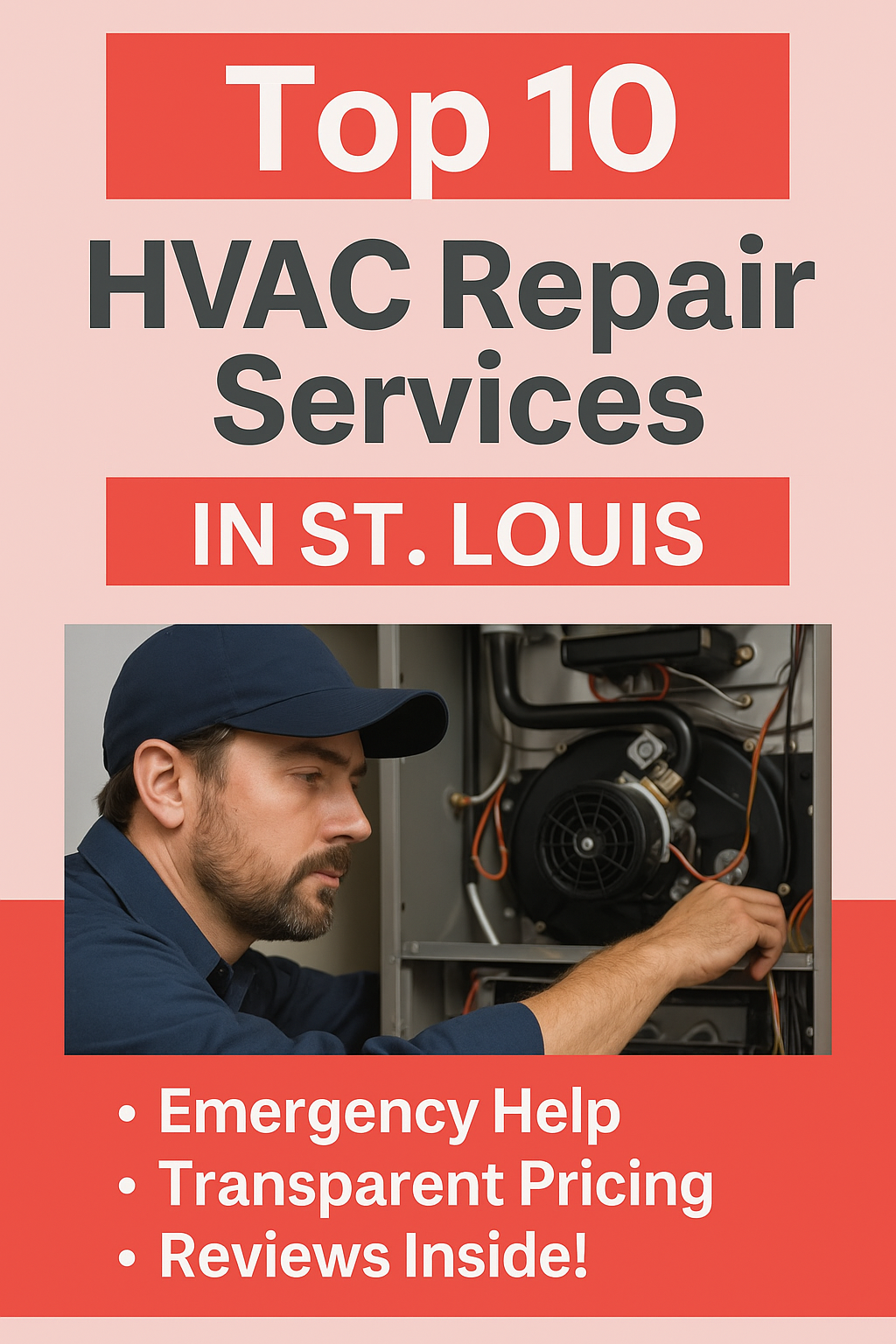 A clean, professional pin featuring an HVAC technician and bold text promoting the top 10 HVAC companies in St. Louis. Includes emergency service details, pricing comparisons, and a call-to-action to read the full local guide.
