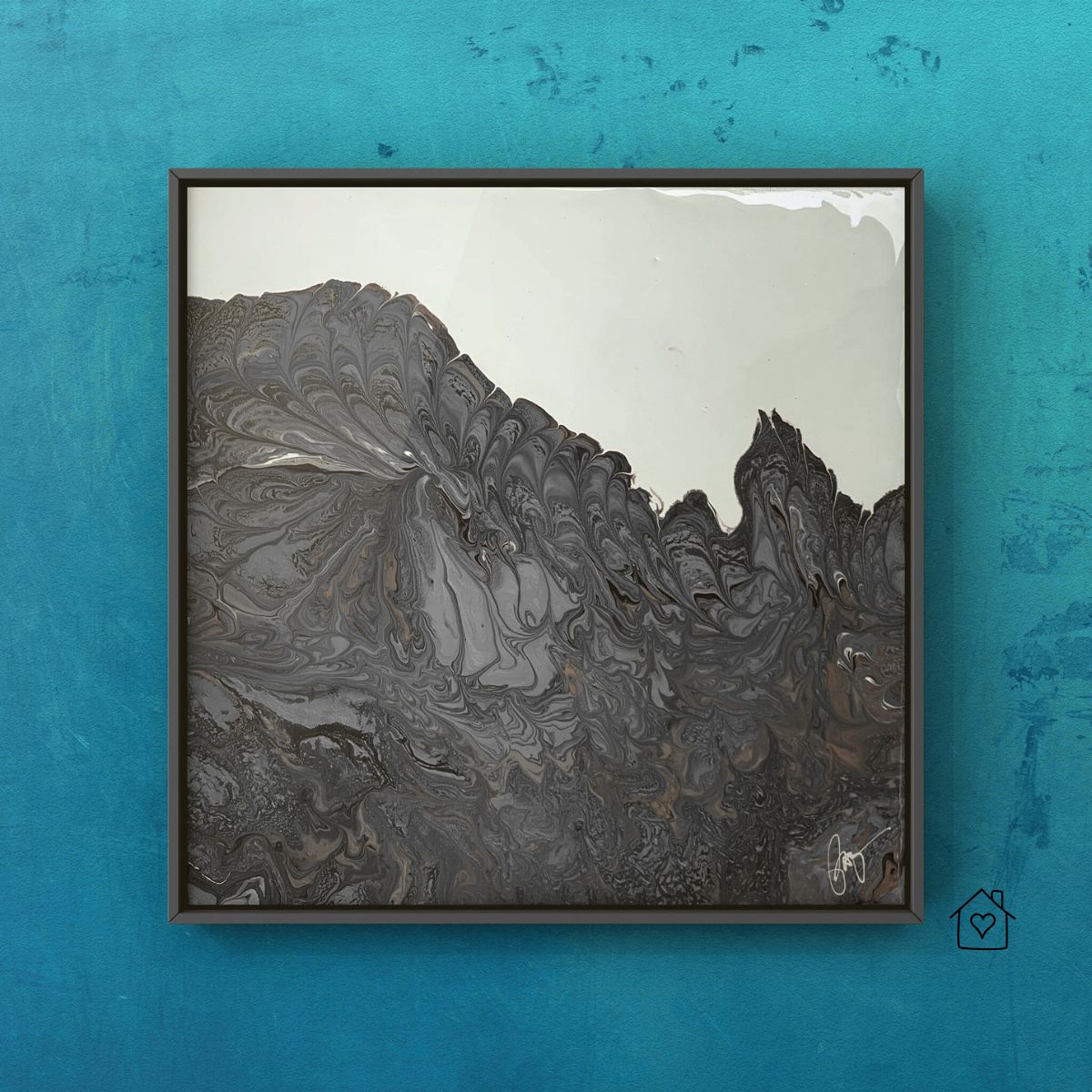 Black and white abstract wall art displayed in a sleek frame against a bold teal background, showcasing contemporary monochrome design.