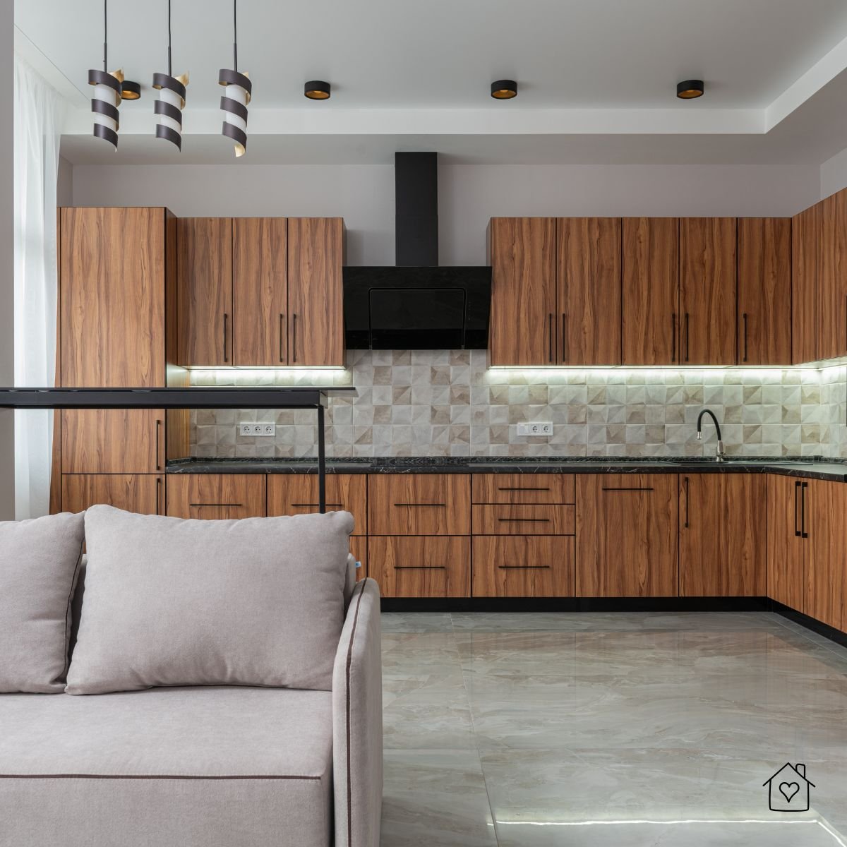 Modern wood cabinets with sleek black pulls in a contemporary open kitchen design.
