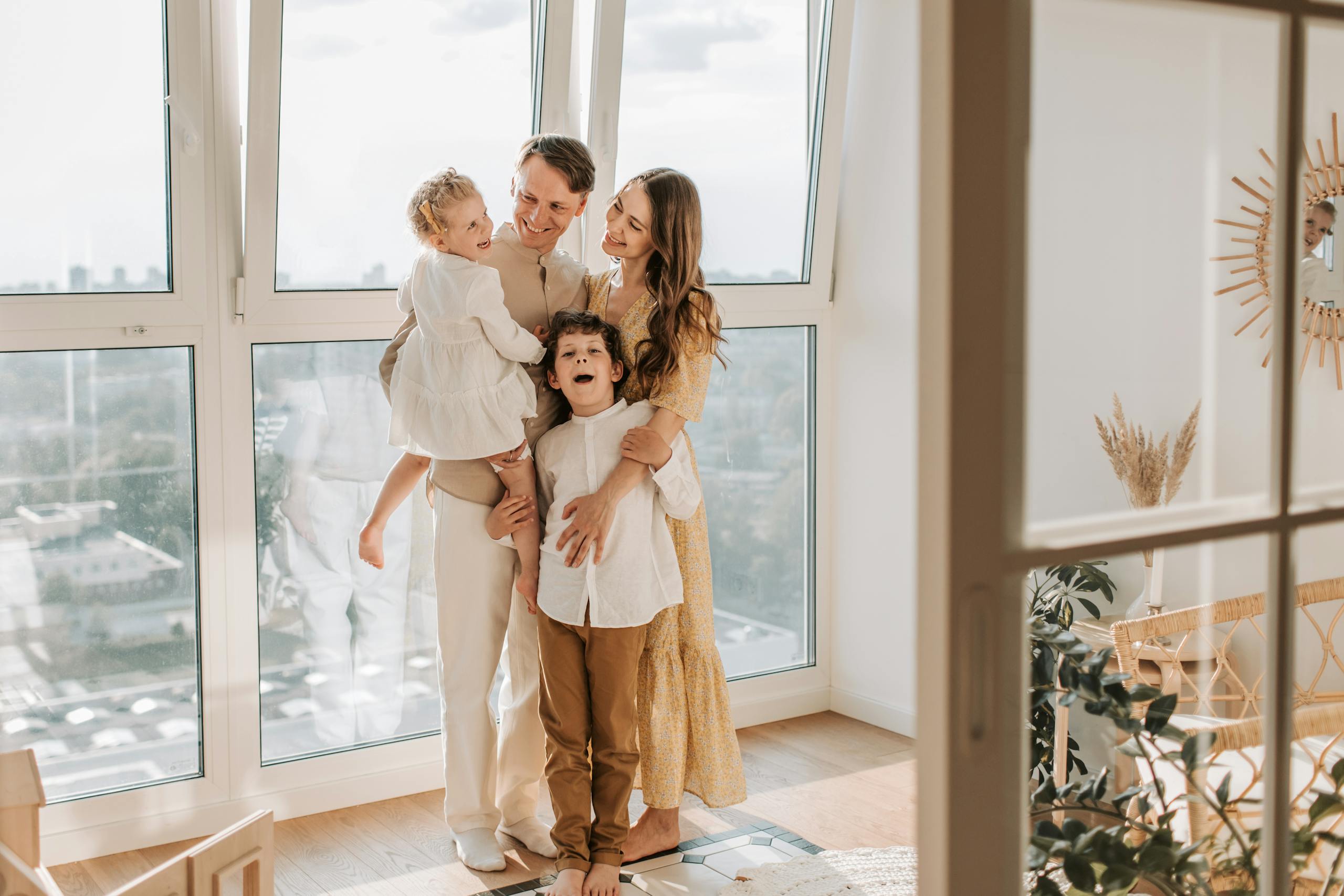 Warm family moment captured by a bright window, symbolizing love and togetherness.