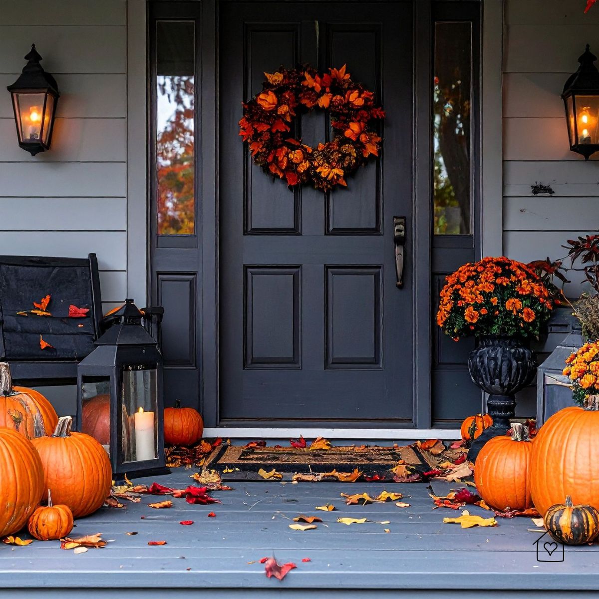 Front porch with fall wreath, pumpkins, and lanterns&mdash;seasonal curb appeal for fall exterior maintenance.