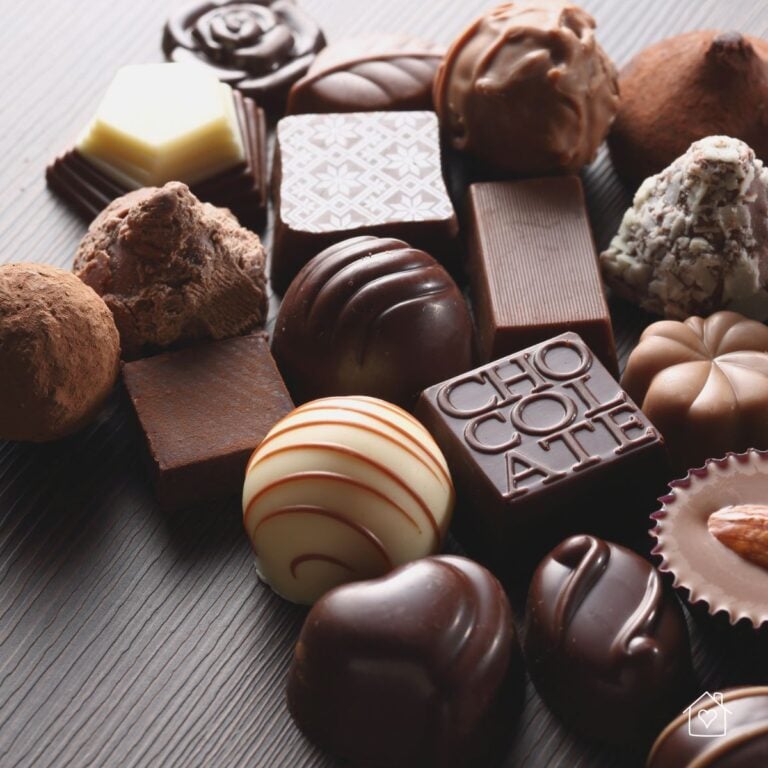 Close-up of assorted luxury chocolates—dark, milk, and white truffles and pralines—arranged on dark wood for a curated chocolate collection.