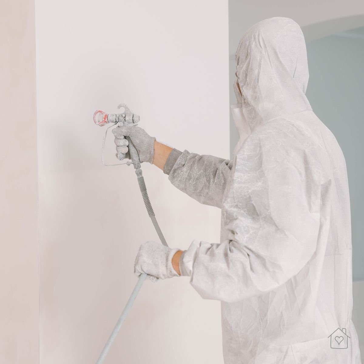 DIYer in protective suit using an HVLP paint sprayer to apply an even, misted coat on an interior wall for a professional finish.