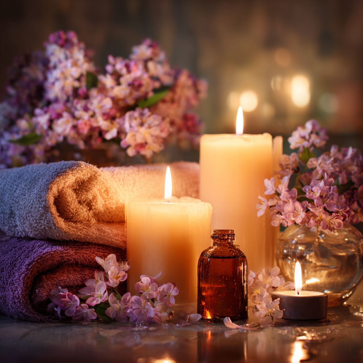 Rolled towels, lilac flowers, and glowing candles creating a calming spa-like home atmosphere.