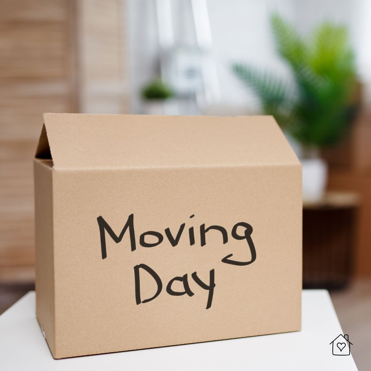 Single cardboard box labeled “Moving Day” sitting on a white table, ready for packing during a home move.