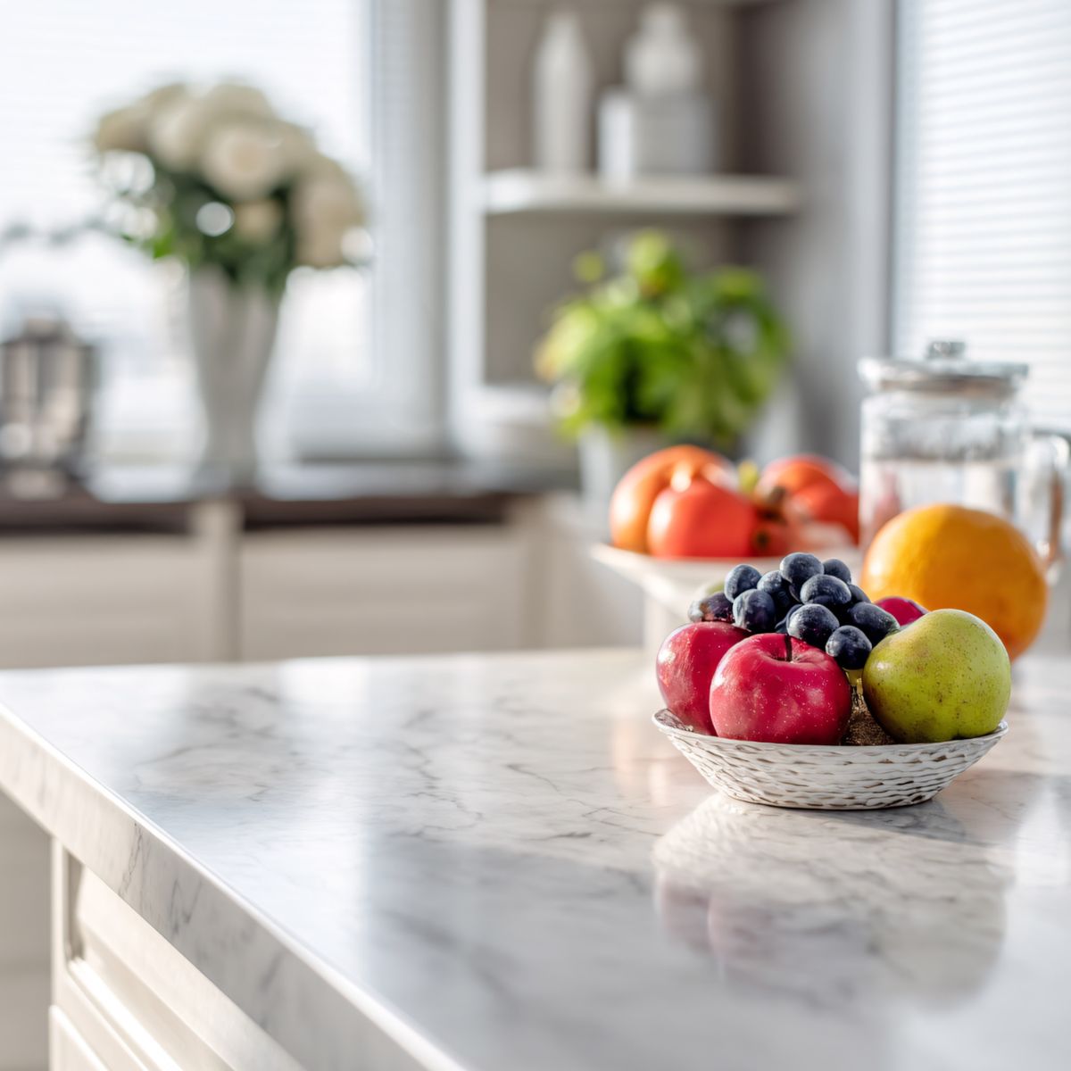 White marble kitchen countertop with a bowl of fresh apples, pears, and grapes in a bright, airy kitchen.
