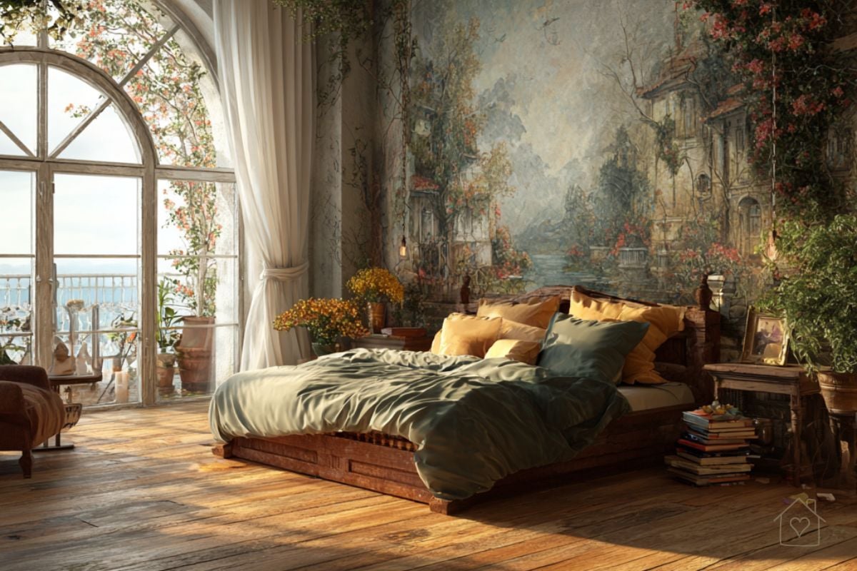 Cozy bedroom with large wall mural of an Italian villa and gardens, rustic wood floors, and arched balcony doors with flowing white curtains.