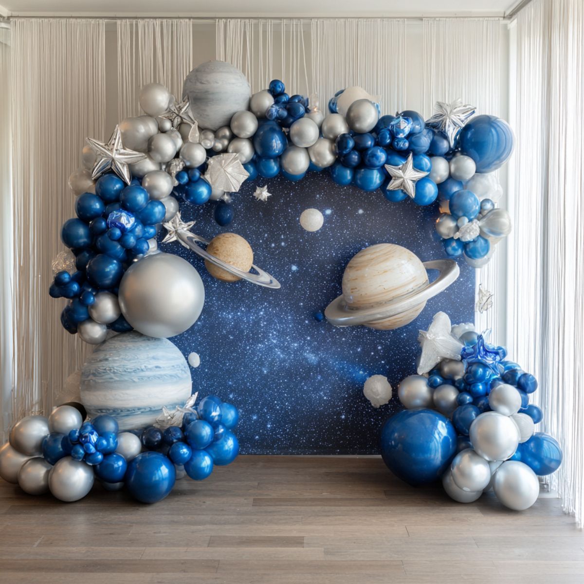 A stunning balloon arch featuring silver stars, metallic balloons, and large planets like Saturn and Jupiter, set against a galaxy background for a space-themed celebration.