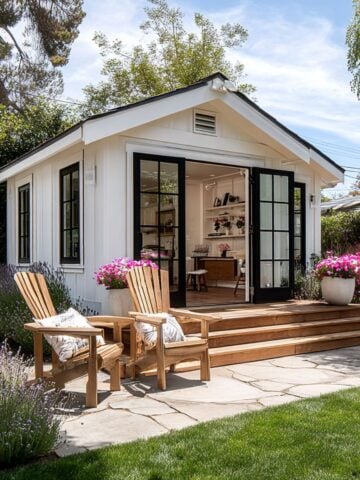 Backyard garden office shed in white board-and-batten with black French doors, wood steps and Adirondack chairs.