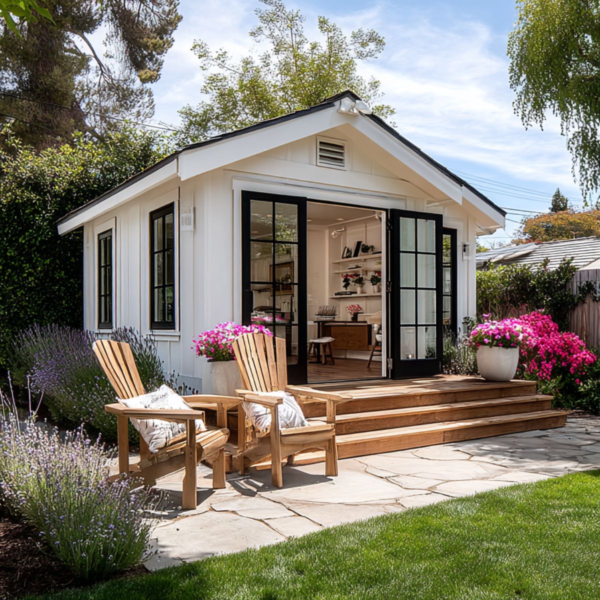 Backyard garden office shed in white board-and-batten with black French doors, wood steps and Adirondack chairs.