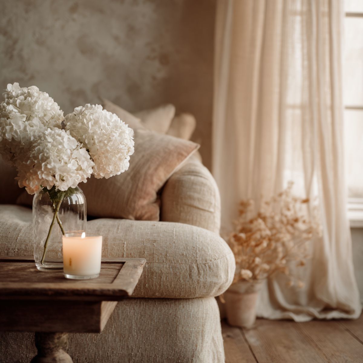 White hydrangeas in a glass vase with a lit candle on a rustic wooden table beside a beige sofa.