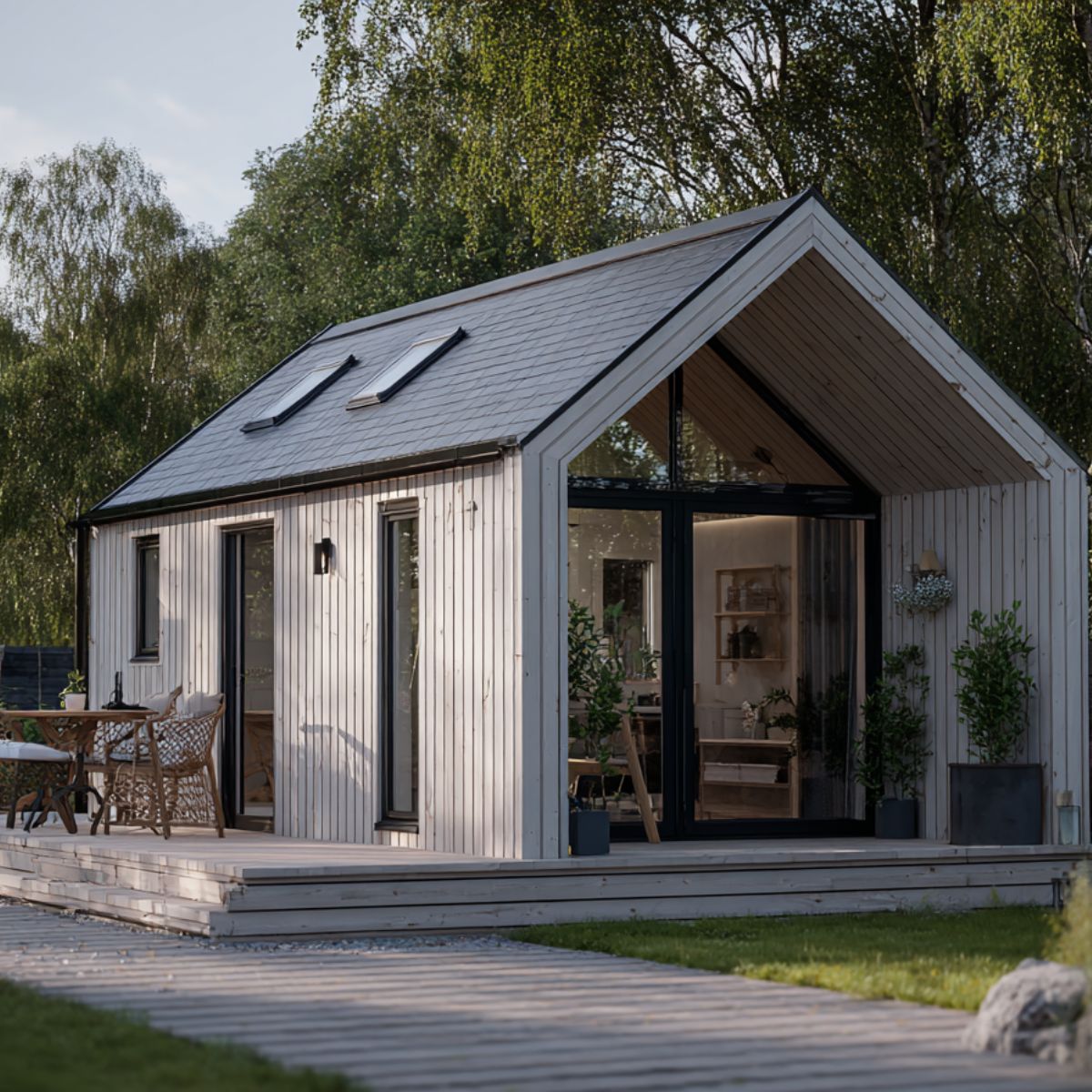 Scandinavian garden studio with pitched roof skylights, vertical timber cladding and large glazing on a wraparound deck.